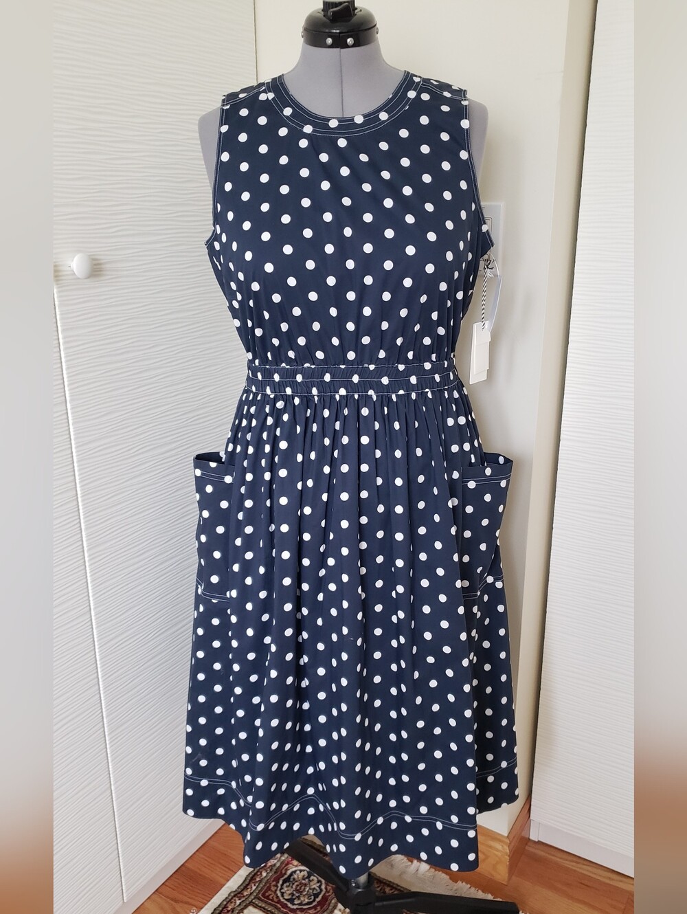 1901 Navy and White Polka Dot Sleeveless Dress with Pockets Sz.L NWT